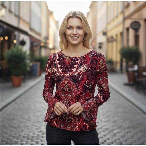 Chicos Red Velvet Top Tie Back Long Bell Sleeve Paisley Size 1 (Medium) Boho - Picture 1 of 10